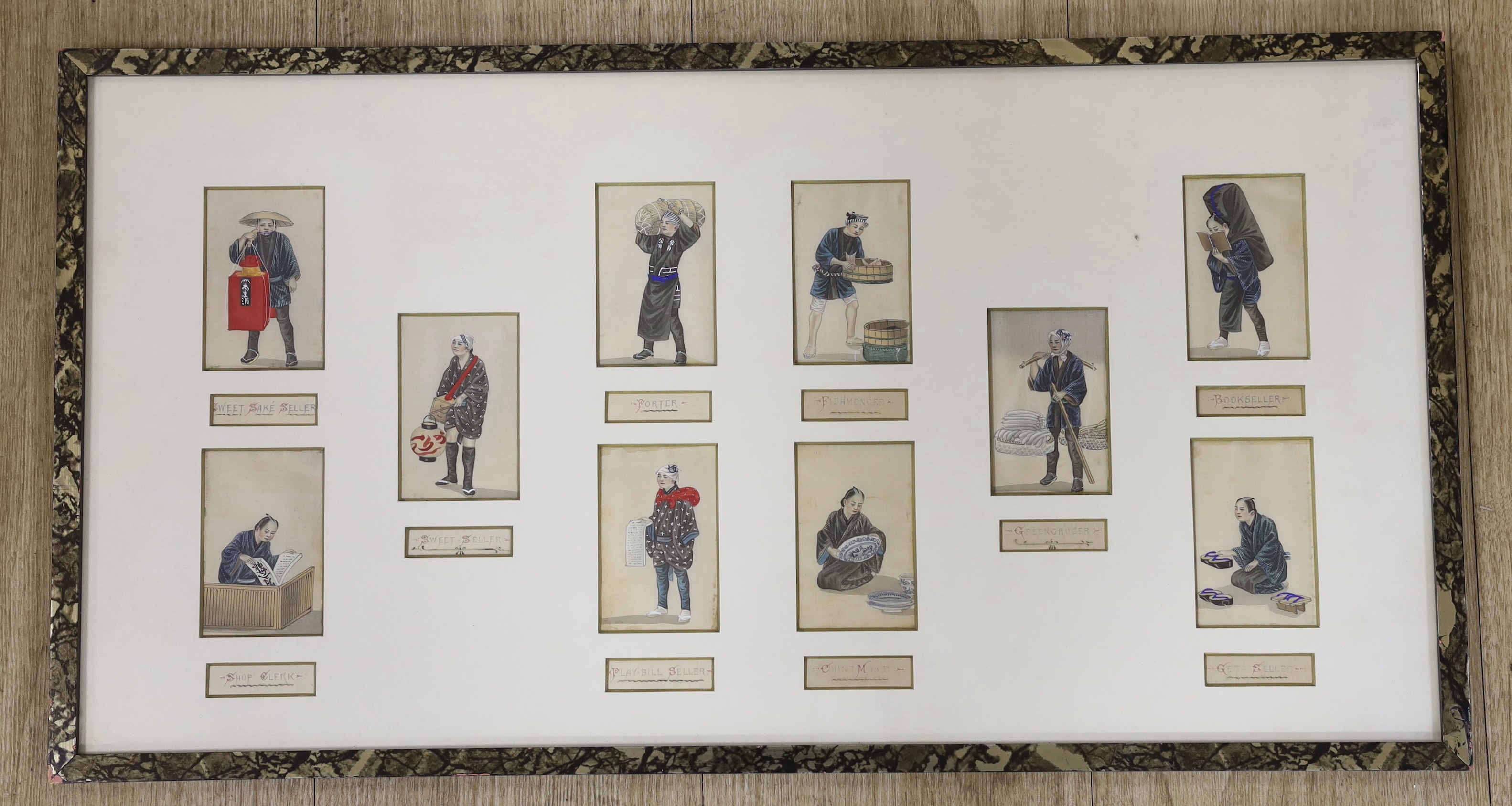 19th century Chinese School, ten gouaches on fabric, Street sellers, each with English titles, 8.5 x 5cm, framed as one